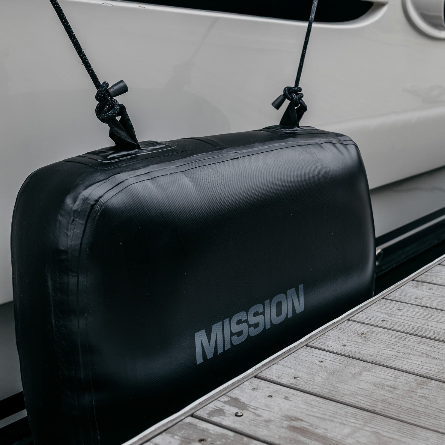 MISSION BRIGADE Fender in black attached to boat
