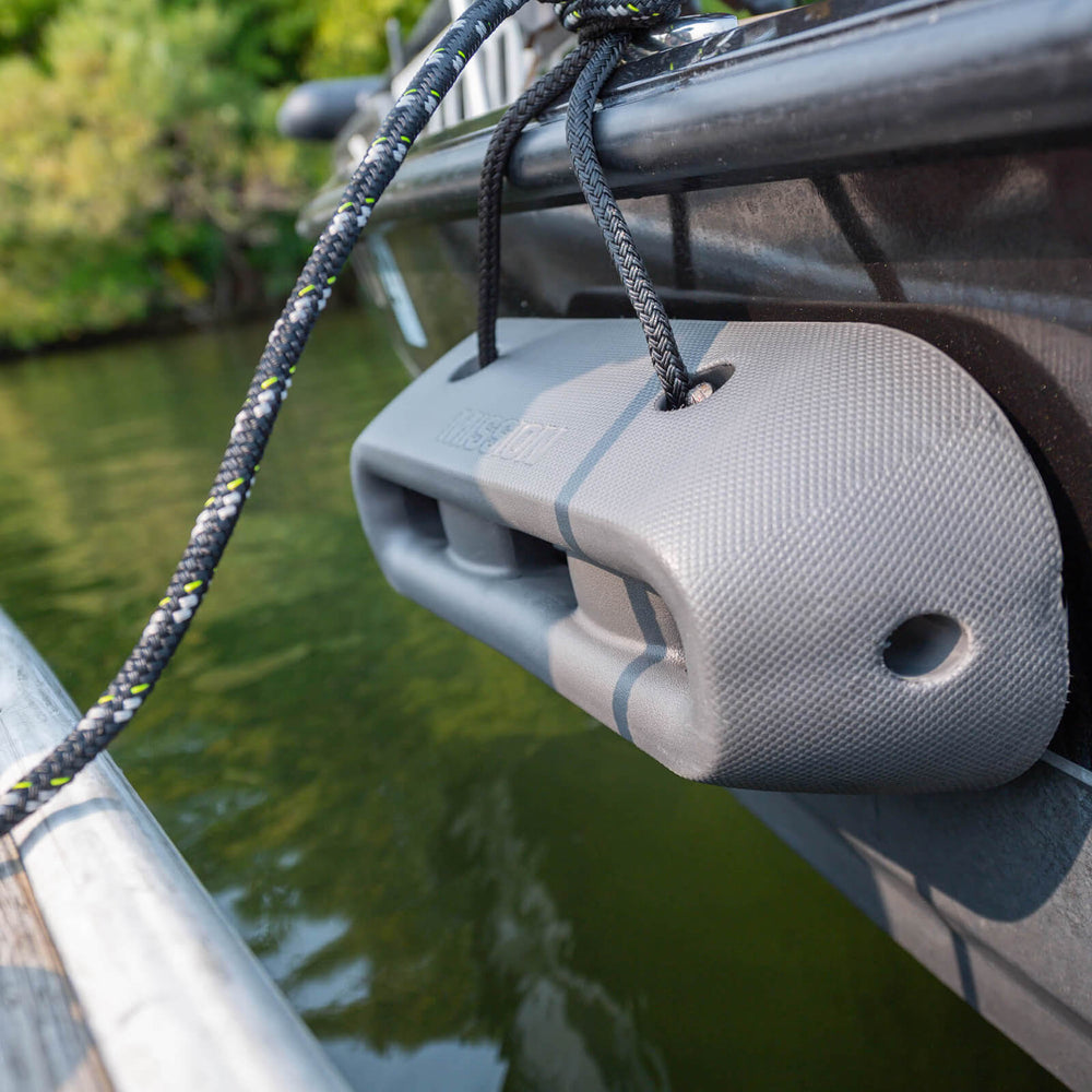 icon fender in use on side of boat